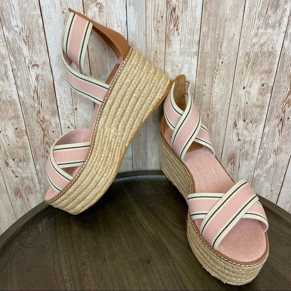 Tory Burch Frieda Espadrille Wedge‎ Sandal Blush Stripe/Tan Size 10 Women - Picture 4 of 15